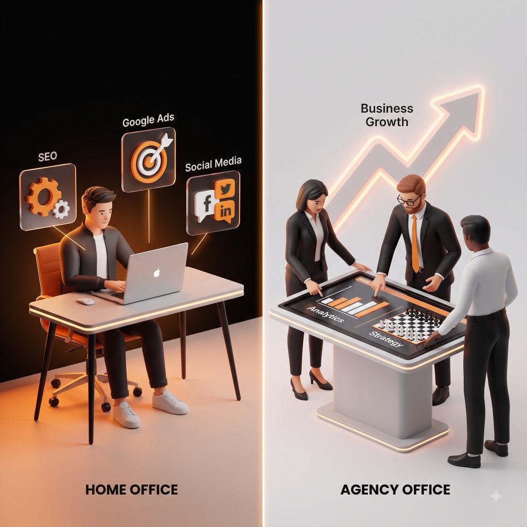Digital Marketing Freelancer vs Agency: Which One Is Right for Your Business? Digital Marketing Freelancer vs Agency comparison showing a freelancer and marketing agency team working on business growth strategies.